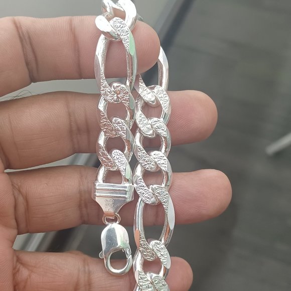 925 Sterling Silver Figaro Diamond Cut Bracelet For Men 8 inches